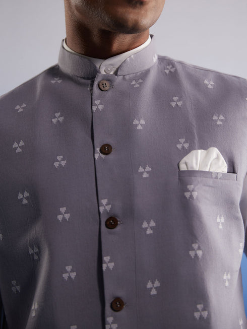 Vastramay Men's Grey Jacquard Nehru Jacket